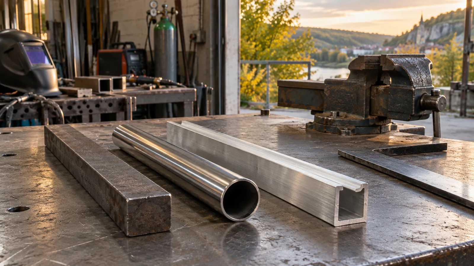 Profilés d'acier, d'inox et d'aluminium alignés sur un établi