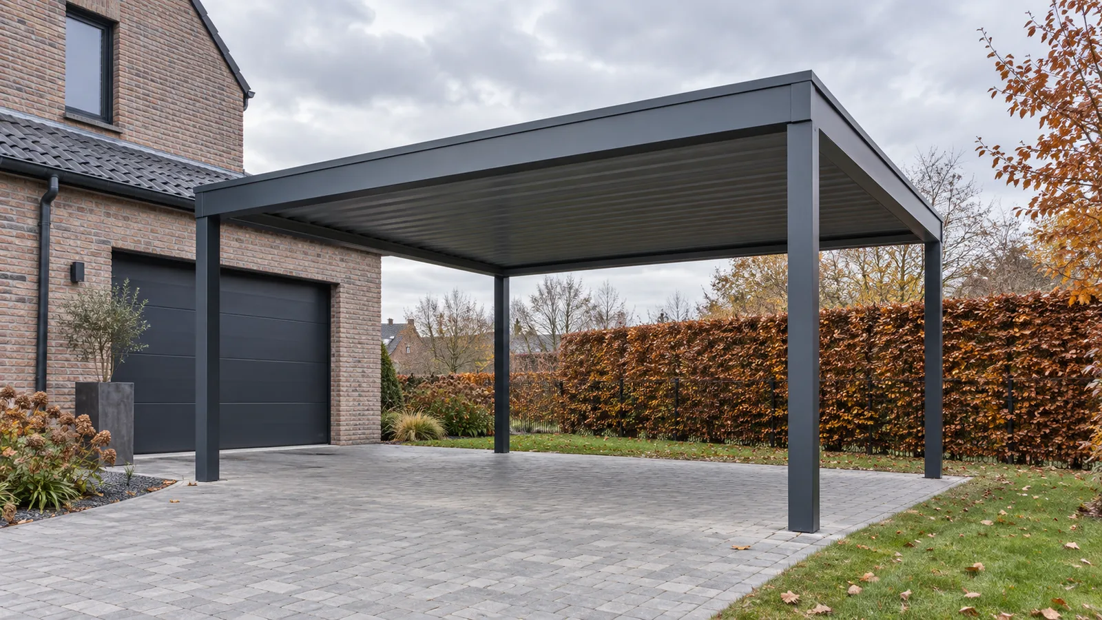 Carport neuf en acier anthracite dans le jardin d'une maison en brique