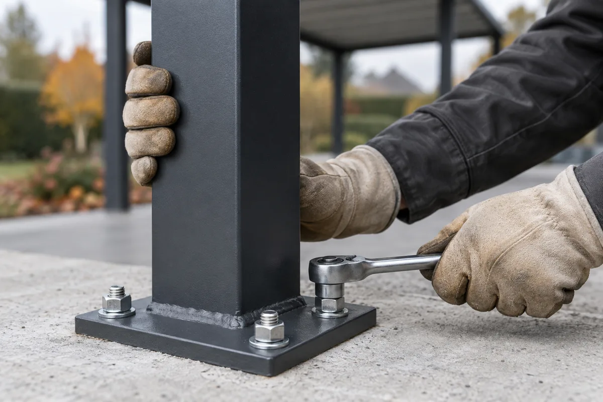 Mains serrant les boulons de la platine d'un poteau de carport