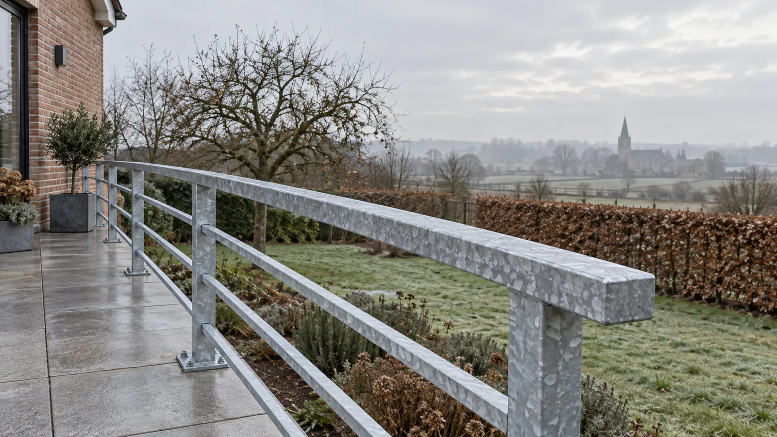 Garde-corps en acier galvanisé bordant une terrasse en hiver