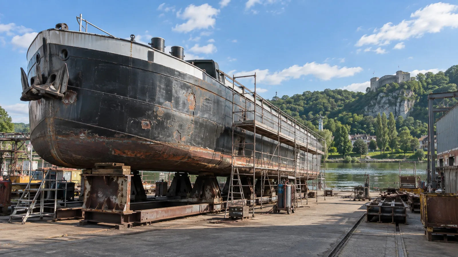 Coque de péniche en acier sortie de l'eau sur un chantier naval