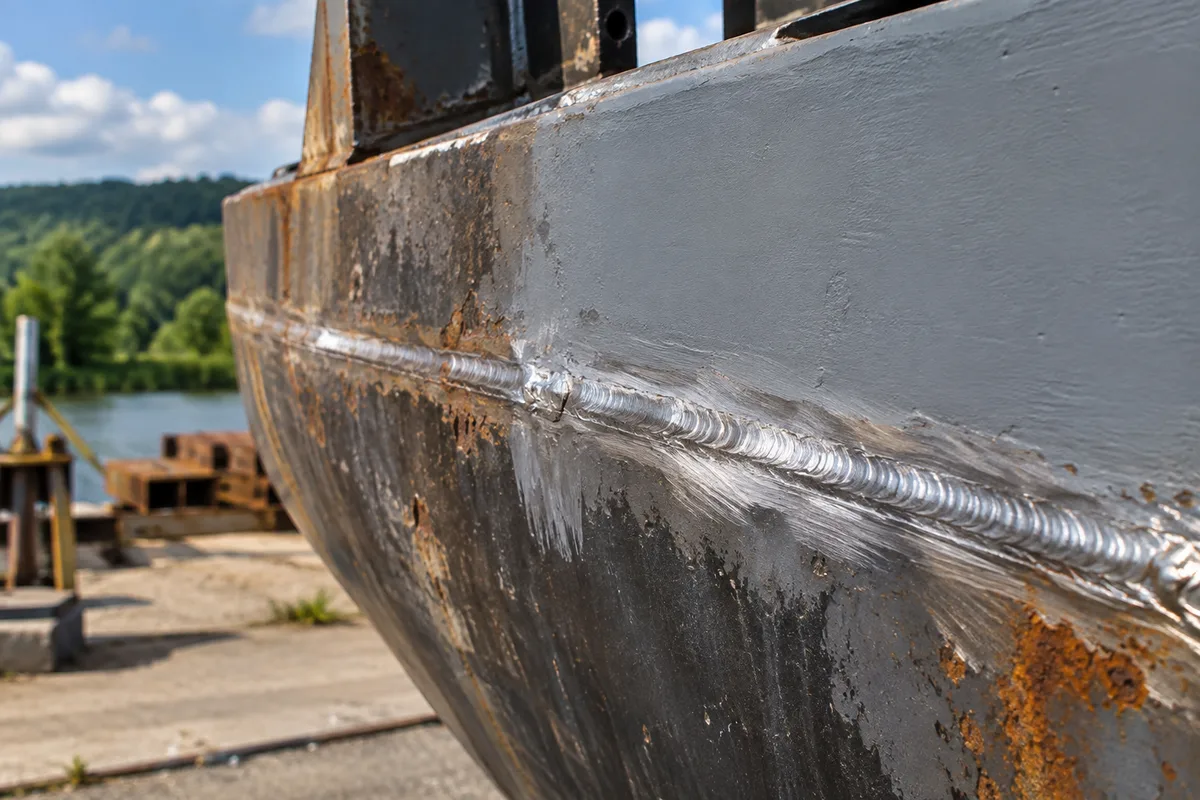 Cordon de soudure sur la tôle d'une coque de péniche