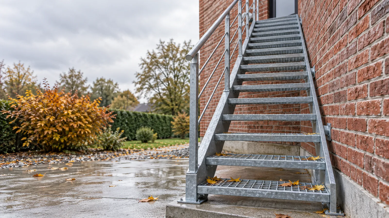 Escalier extérieur en métal galvanisé le long d'un pignon en briques