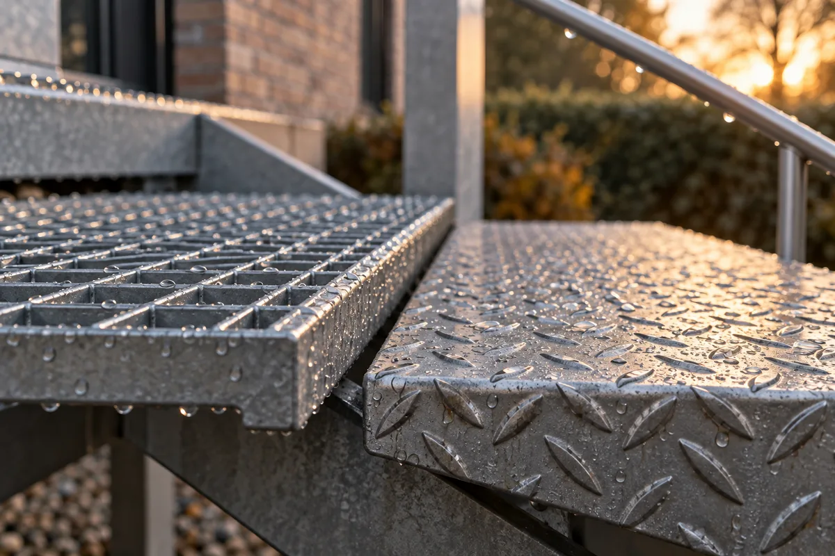 Marches en caillebotis et tôle larmée perlées de gouttes de pluie