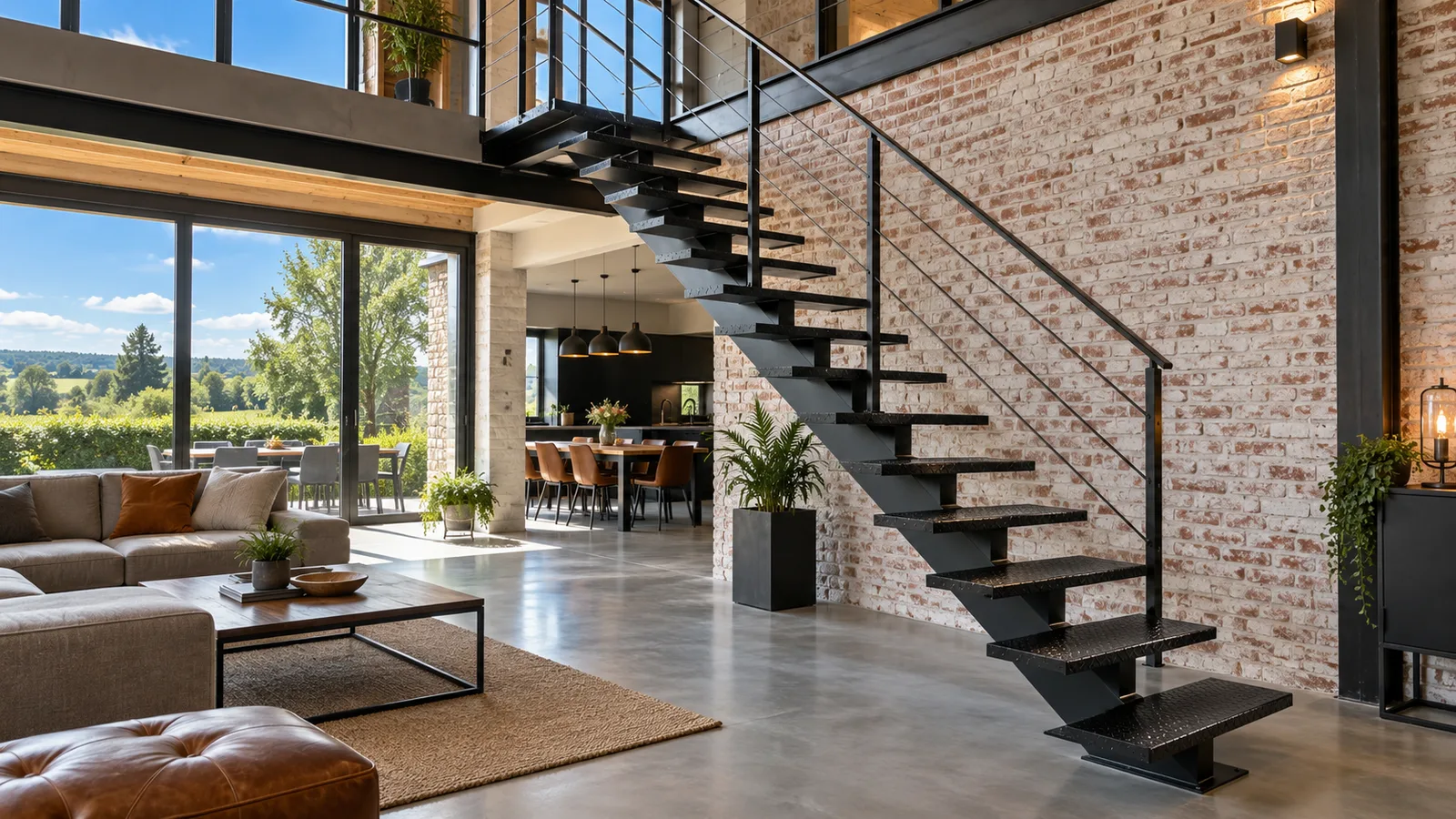 Escalier métallique à limon noir installé dans un séjour
