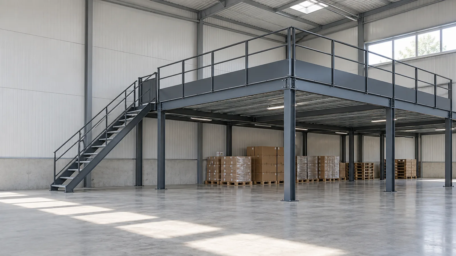 Mezzanine industrielle en acier avec garde-corps anthracite dans un entrepôt