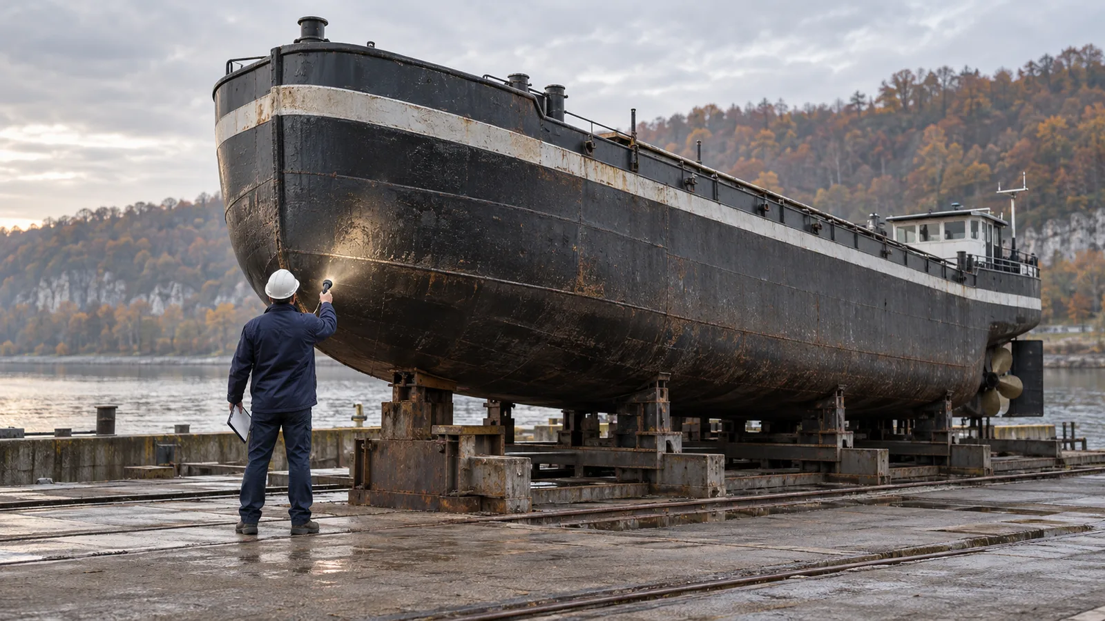 Technicien inspectant à la lampe la coque d'une péniche en cale sèche