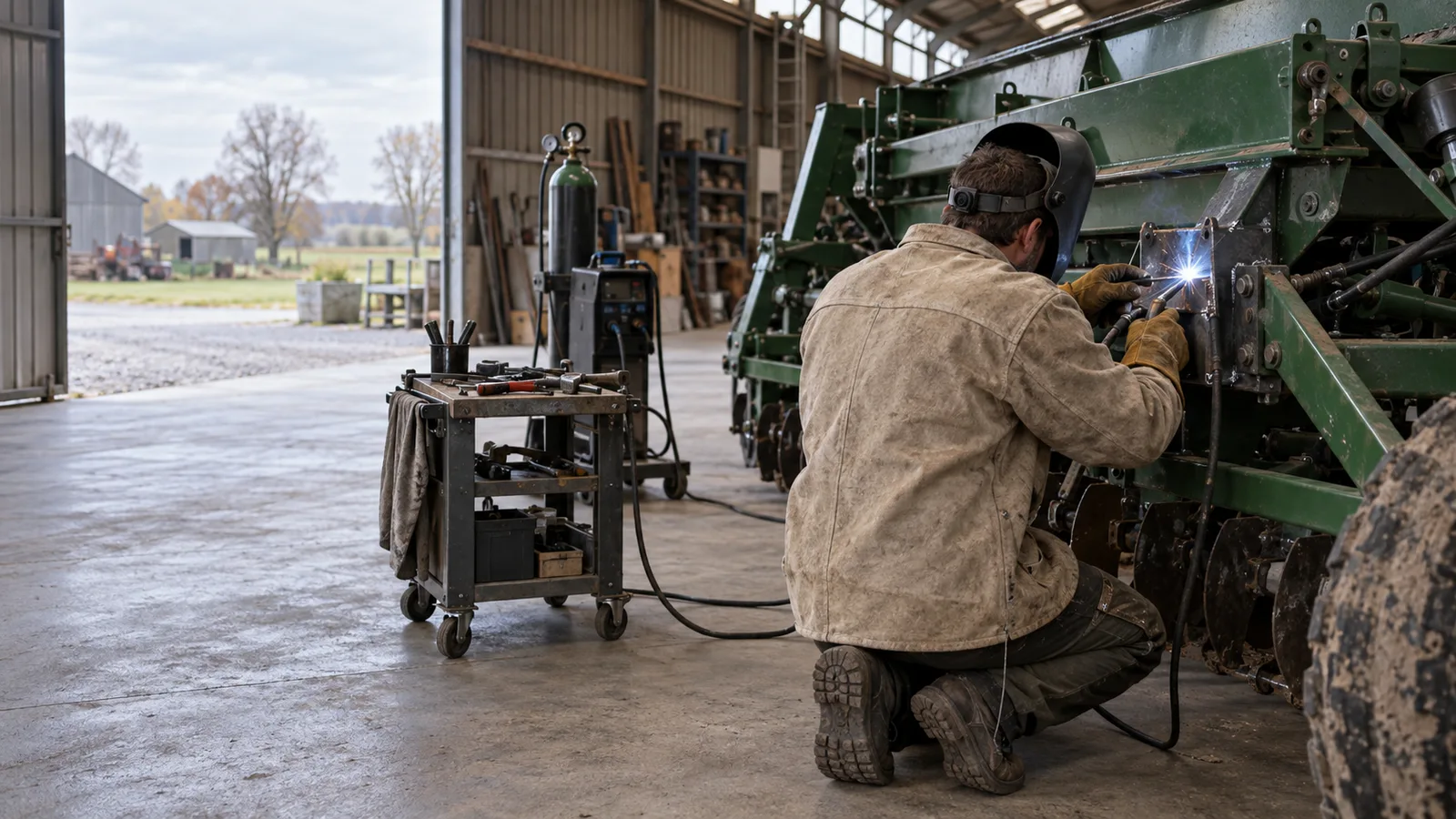 Soudeur réparant le bâti d'une machine agricole dans un hangar