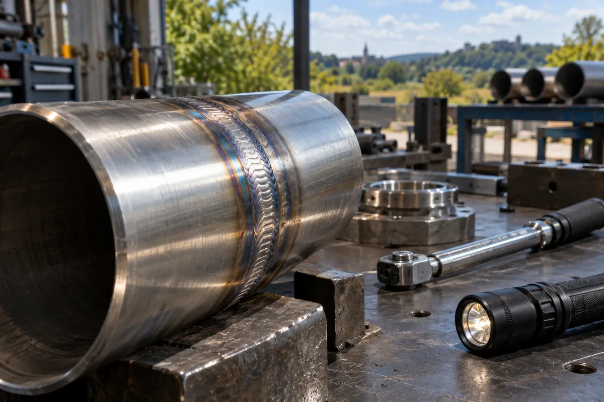 Cordon de soudure sur un tuyau en inox avec outils de contrôle
