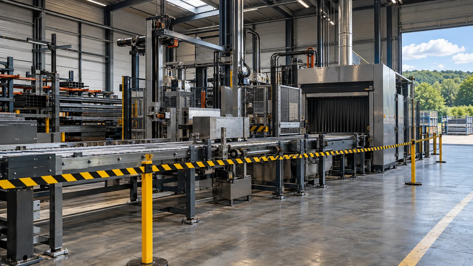 Ligne de production à l'arrêt avec ruban de balisage dans un hall