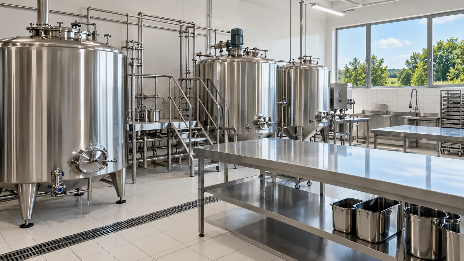 Cuves et tables en inox poli miroir dans un atelier agroalimentaire