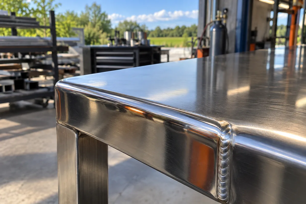 Soudure inox poli miroir sur une table d'atelier