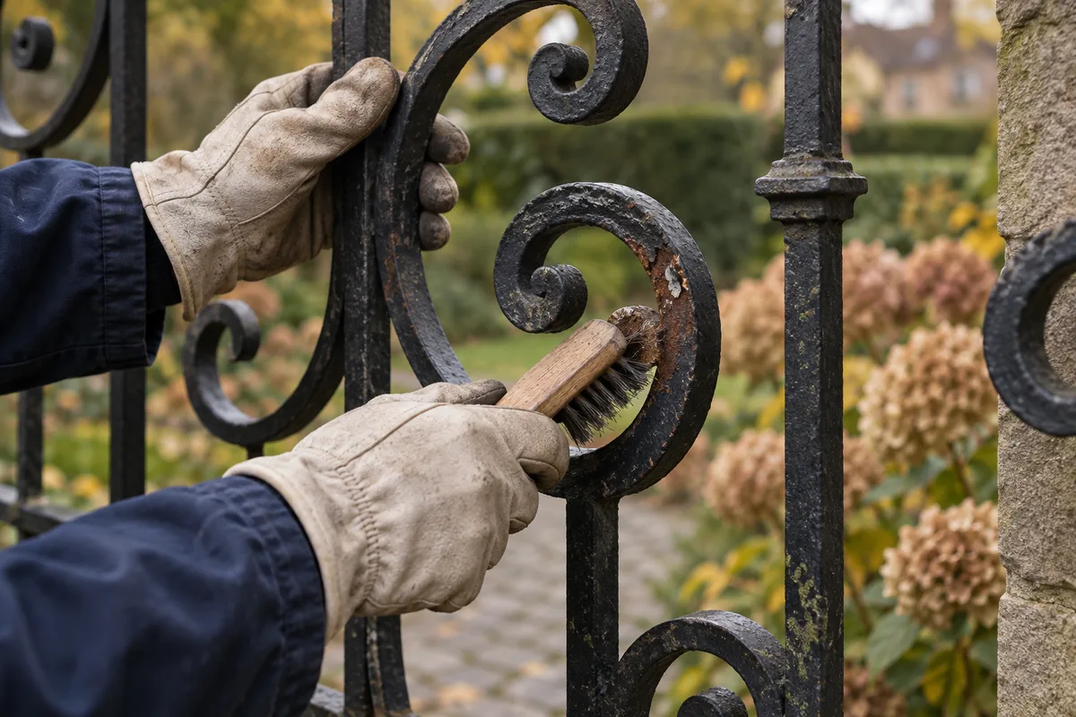 Mains gantées brossant la rouille d'une volute en fer forgé