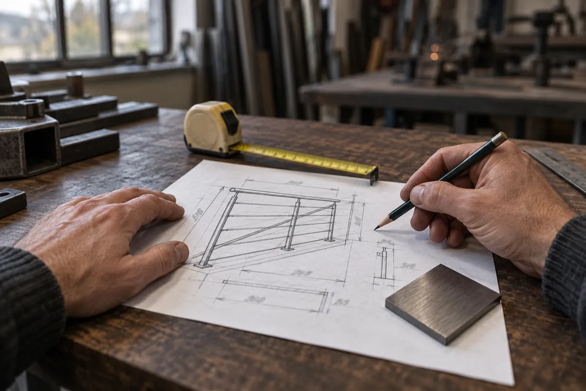 Mains dessinant un croquis coté de garde-corps au crayon