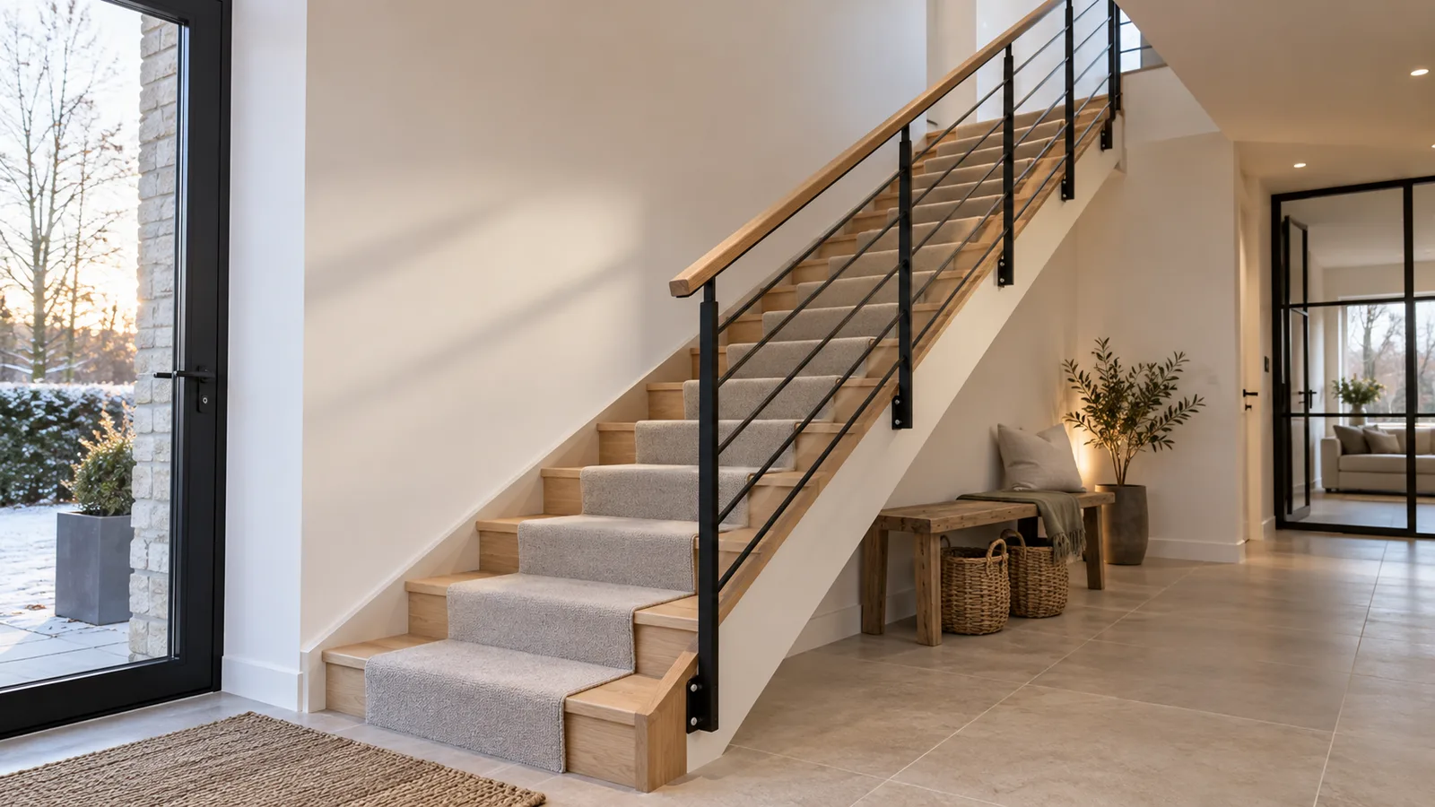 Escalier en chêne avec rampe métallique noire dans une entrée rénovée
