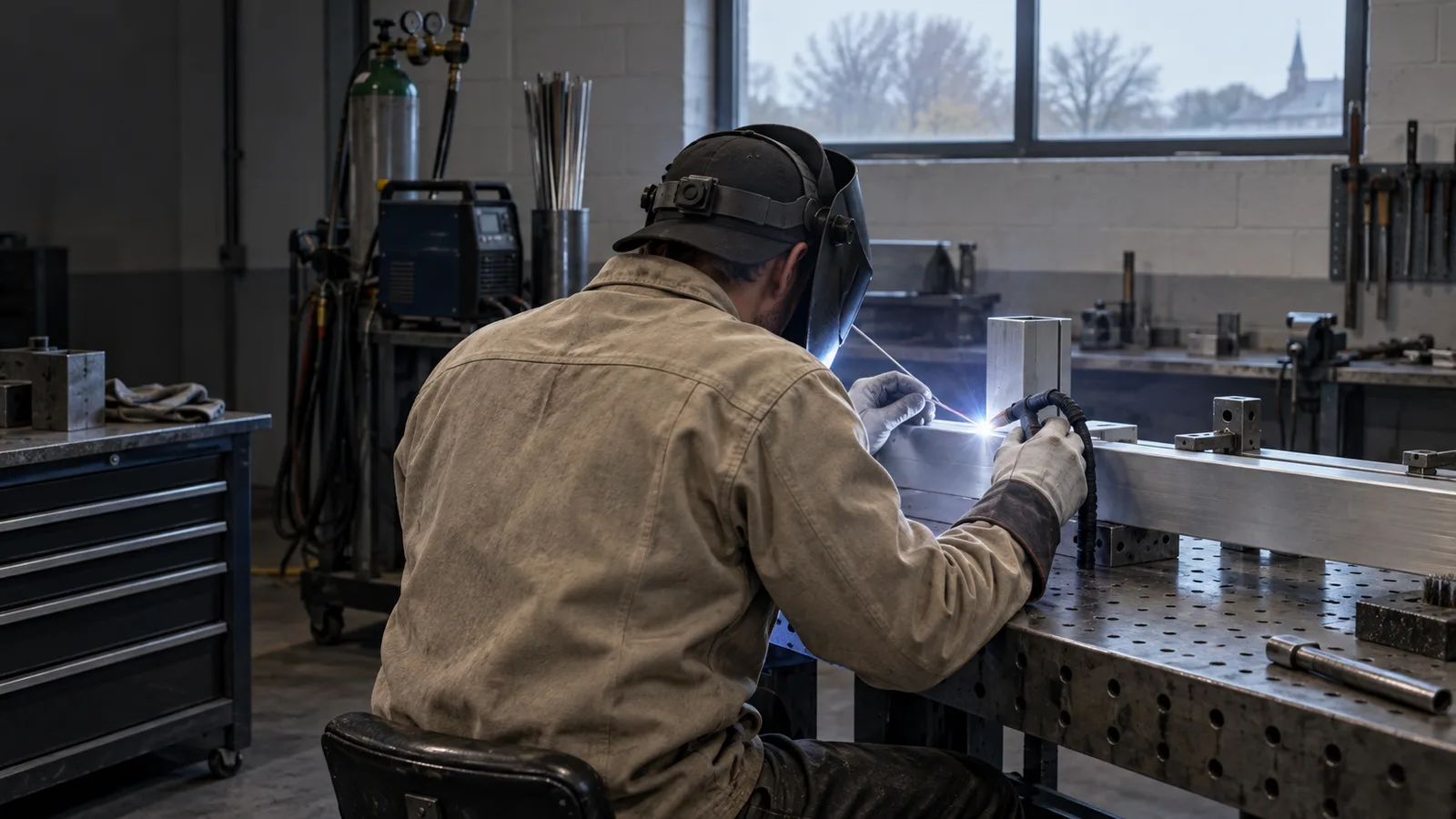 Soudeur soudant une pièce d'aluminium au TIG dans un atelier