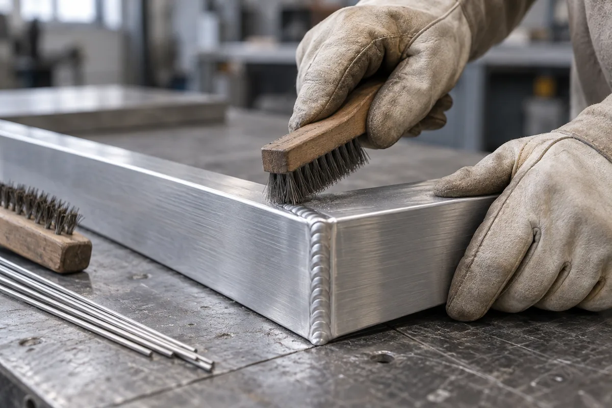Mains brossant un profilé d'aluminium près d'un cordon de soudure