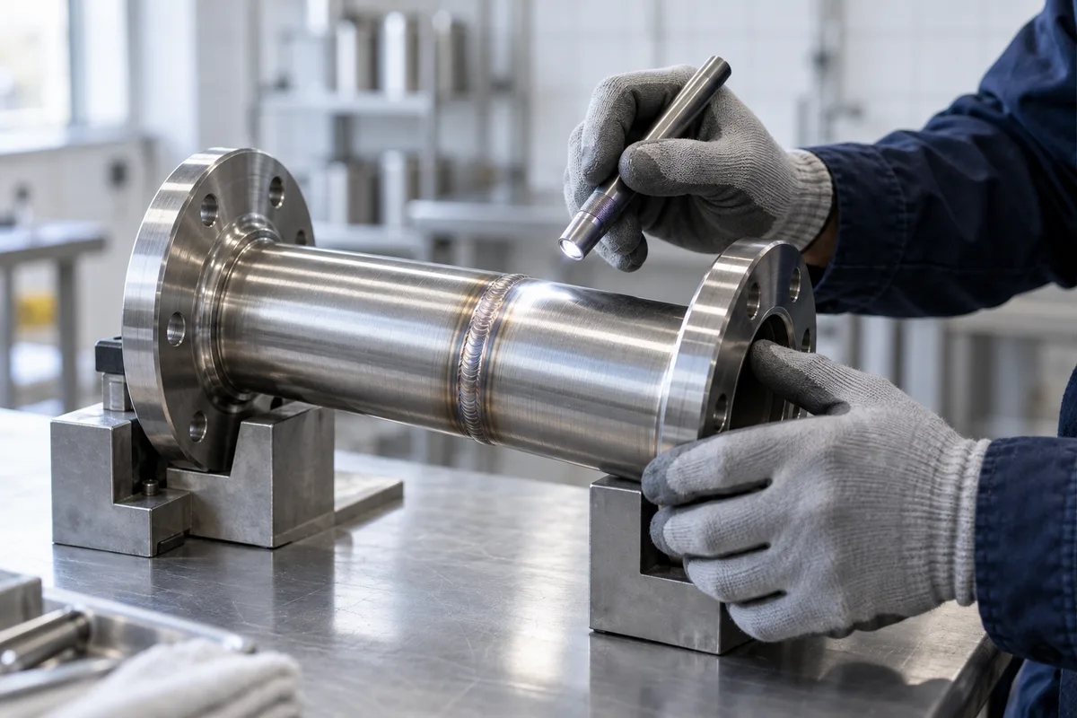 Soudeur inspectant le cordon poli d'une tuyauterie inox bridée