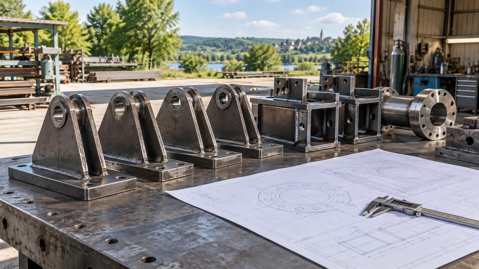 Pièces mécano-soudées alignées à côté d'un plan technique