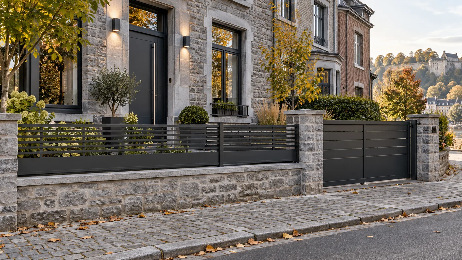 Façade rénovée avec portail et garde-corps en acier neufs