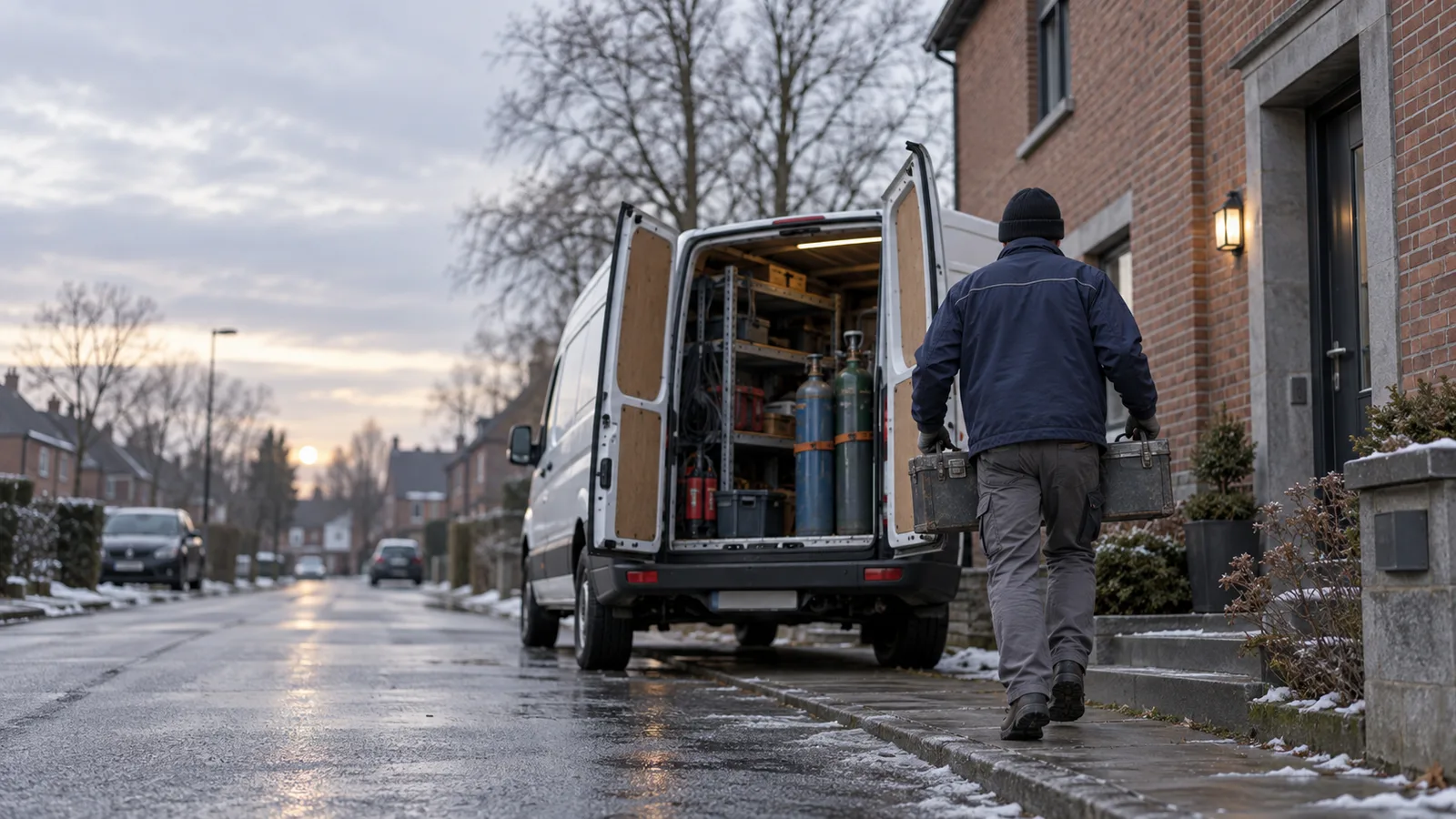 Soudeur sortant une caisse à outils d'une camionnette en rue
